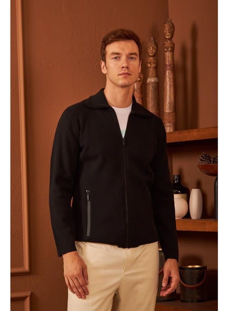 Odelon Men's Waterproof Zippered Cotton Knitwear Cardigan Black HRK201 - Image 2